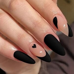 Women’s Black Almond Shape Heart Detail Press On Nails